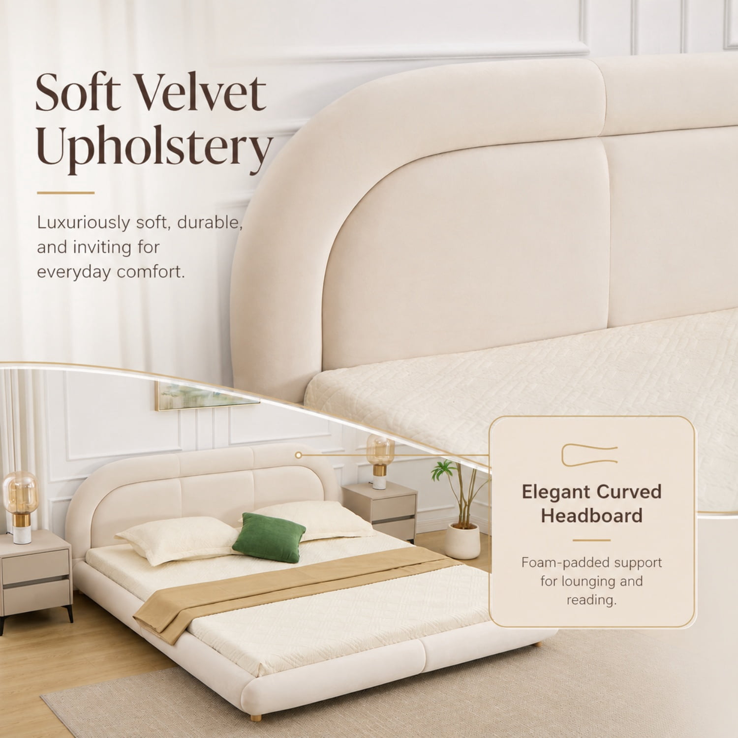 Miniyam King Size Velvet Upholstered Bed Frame with Curved Headboard, Platform Bed with Wood Slats, No Box Spring Needed, Beige