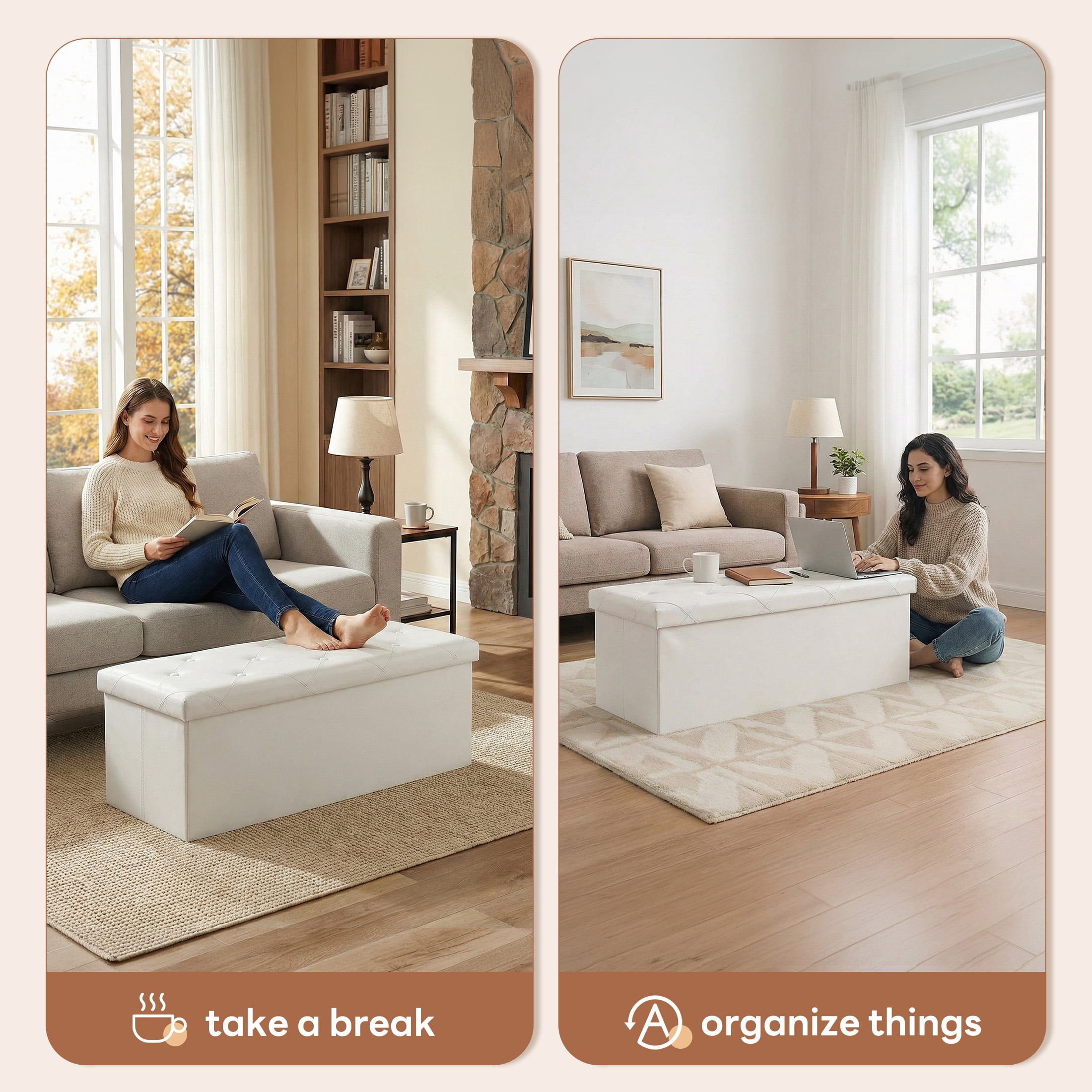 EDX 30" PVC Ottoman Bench, Folable Storage Bench for Bedroom, 29Gal Capacity, Ottoman Foot Rest Bench for Living Room, Entryway, Beige