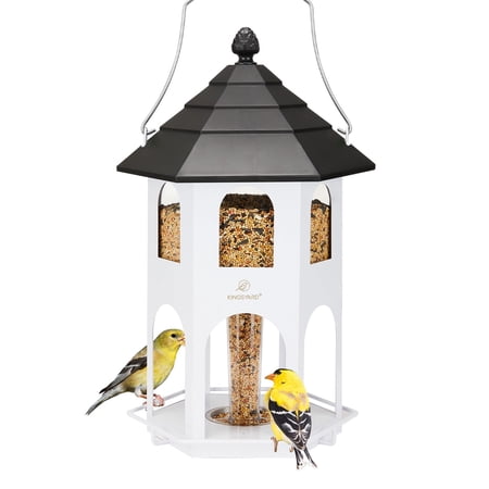 Kingsyard Hopper Wild Bird Feeder for Outdoor Hanging, 4 lbs Large Seed Feeding Metal House, White