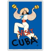 Visit Cuba - Native Cuban Dancer with Maracas - Vintage Travel Poster by Conrado Walter Massaguer c.1935-8in x 12in Vintage Wood Art Sign