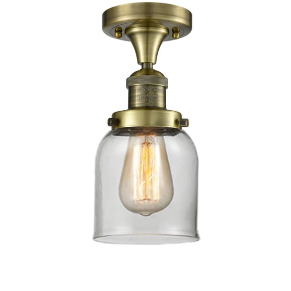 Small Bell Antique Brass LED Semi Flush Mount with Clear Bell Glass