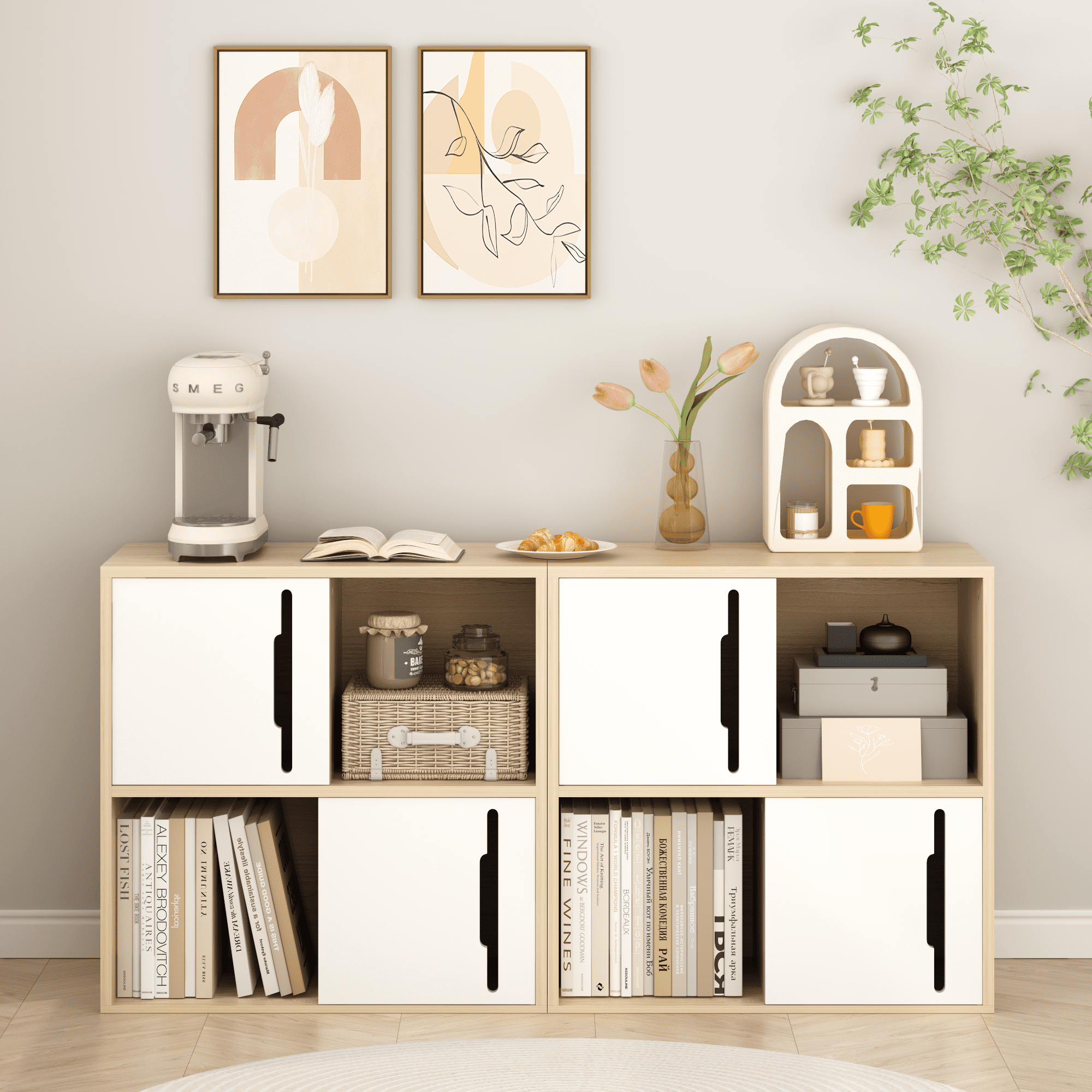 Yoneston Wooden Cube Storage Organizer with Doors, 2-Tier Open and Closed Shelves Bookshelf Cabinet for Living Room, Bedroom, Kids'Room, White