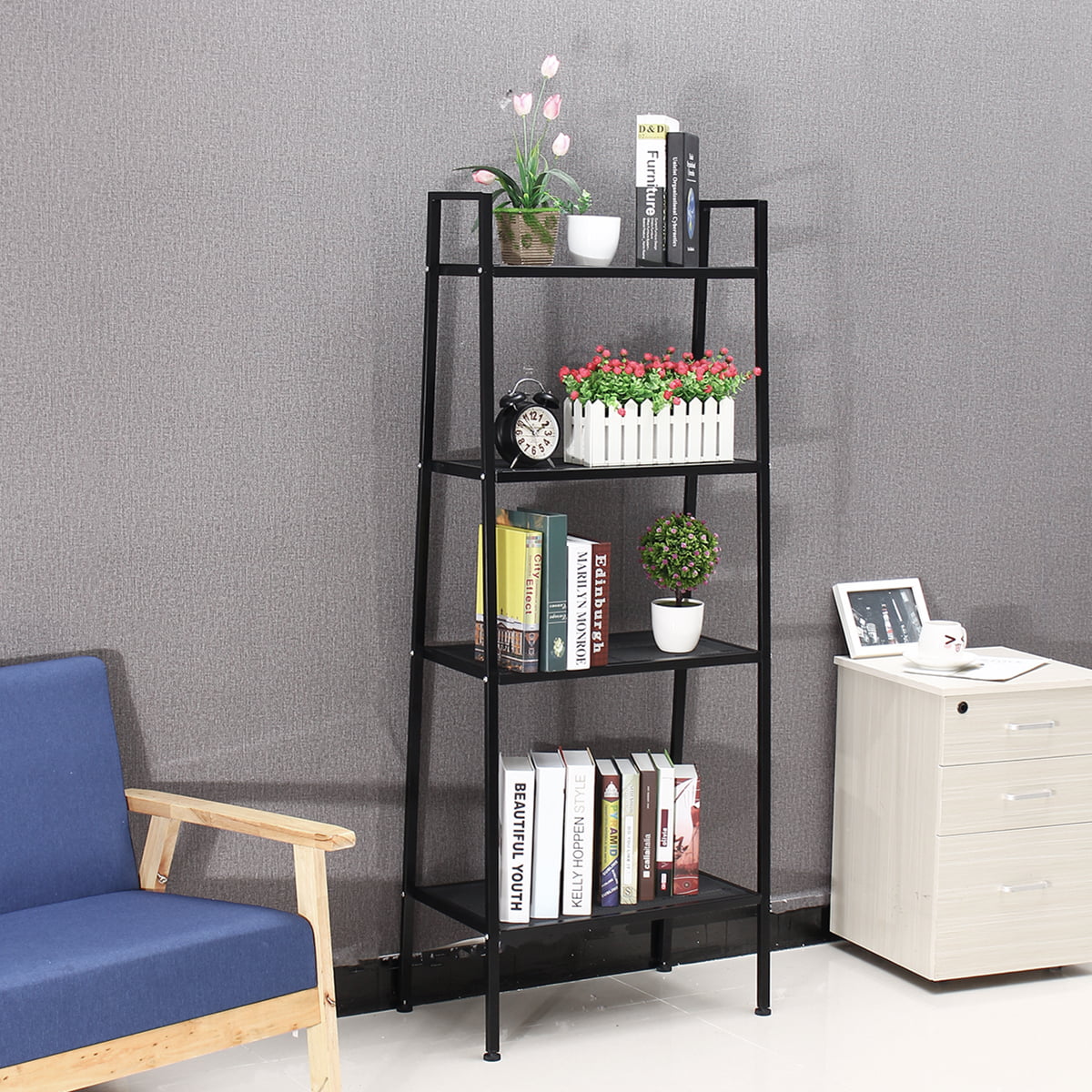soges Shelf 60cm Storage Rack Bookcase Ladder shelf 4-Tier Bookshelf Standing Metal Display Shelf Plant Flower Stand,Black,LXH-TJ60B-RZR 