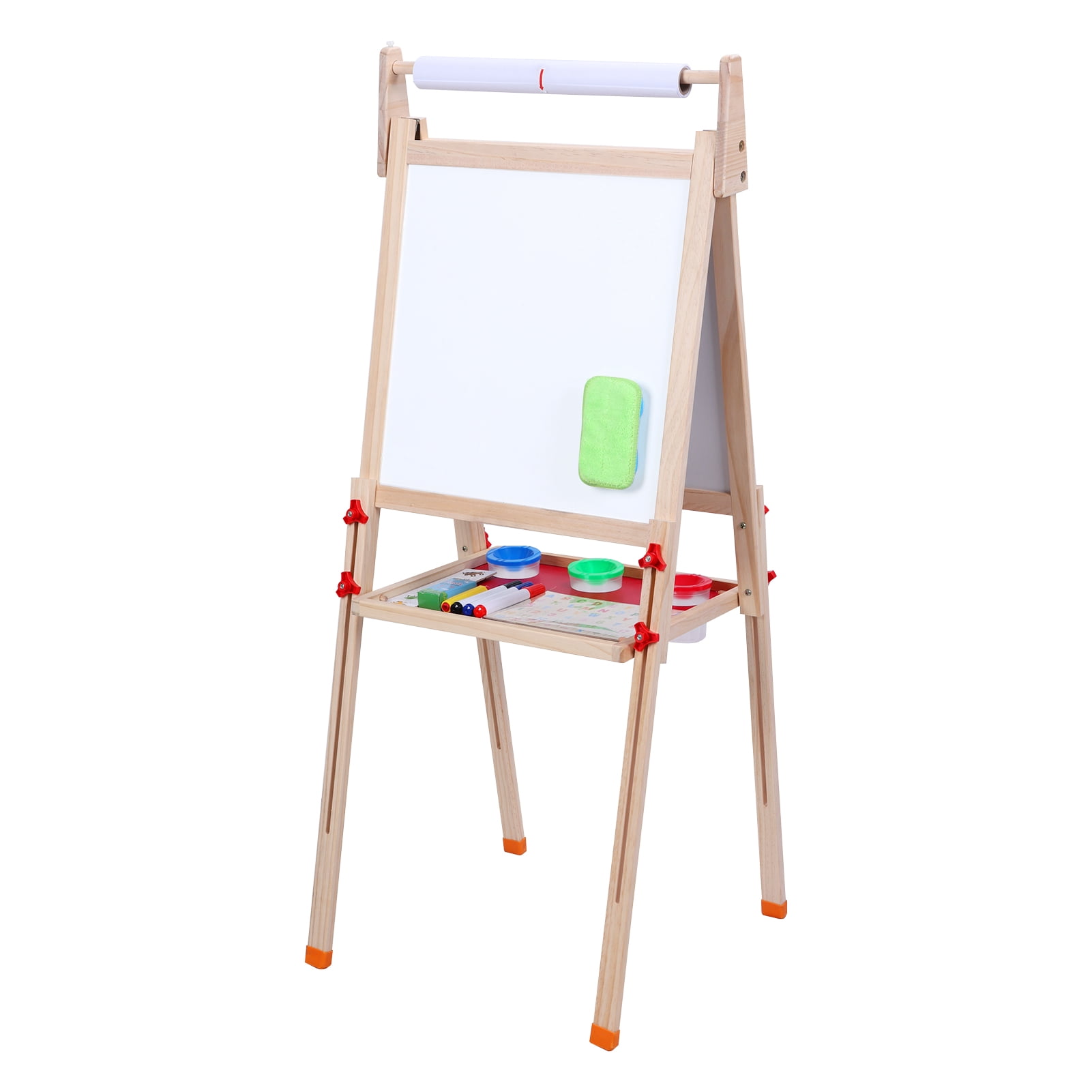 Happydeer Drawing Board, Double Sided Wooden Kid Easel with Paper Roll, Toddlers Art Easel Chalk Board 31.5"-43.3" Height Adjustable Magnetic Kids Dry Erase Board