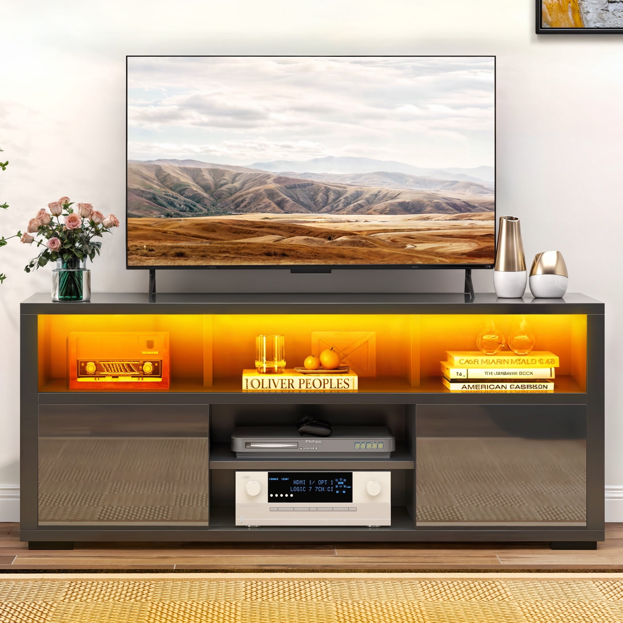 Dextrus High Gloss TV Stand with LED Ambient Lights, Modern TV Stand with Open Shelf Storage Cabinet for 55 inch TV, Black
