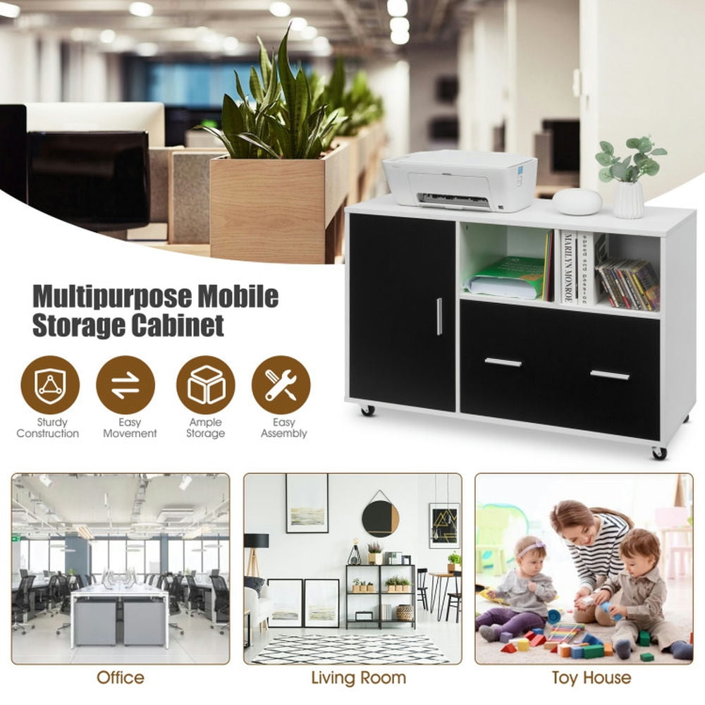 Demi Bonn 2 Drawers Lateral Mobile File Cabinet with 4 Universal Casters and Open Shelves, Wood Storage Cabinet, White