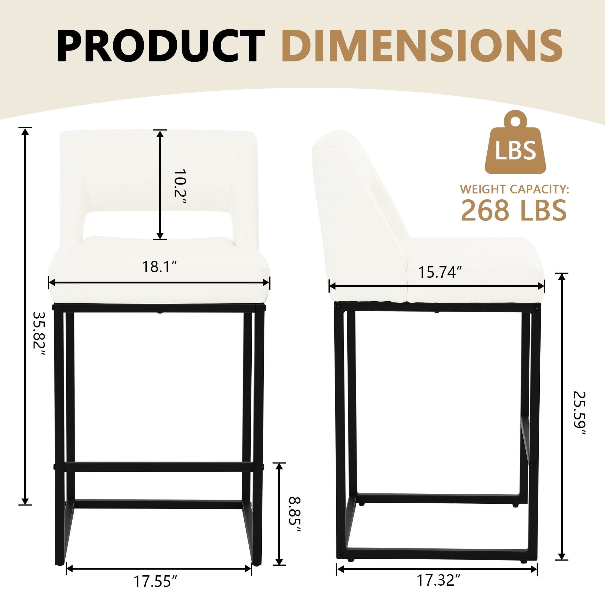 ClinQ Counter Height Bar Stools Set of 1, Hollow Back Kitchen Island Barstools, Upholstered Faux Leather Counter Stools with Metal Frame, Beige
