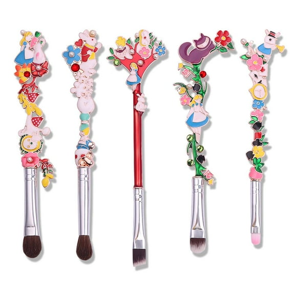 Alice in Wonderland Makeup Brush Set - 5pcs Cute Makeup Brushes with Premium Synthetic Fiber and Metal Handle for Blush, Foundation, Eyebrow, Eyeshadow, and Lips, Gift for Sister Teenager Girl