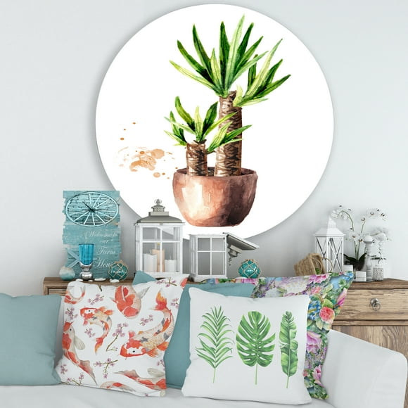 Designart - Yucca Tree In The Ceramic Flower Pot - Traditional Metal Circle Wall Art