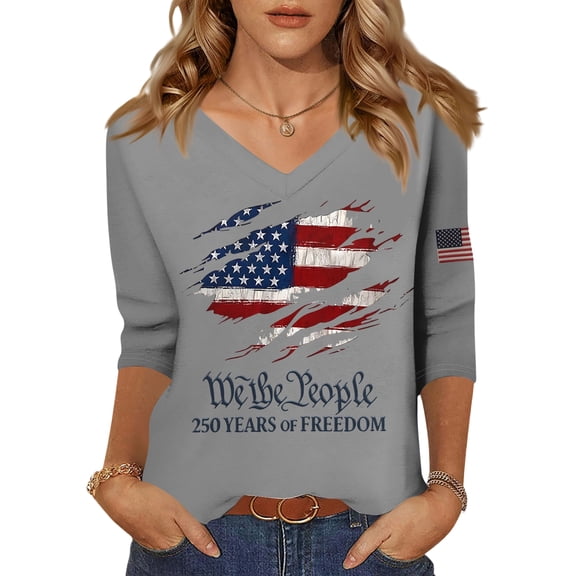 Textilo We the People T-Shirt for Women 3/4 Sleeve V Neck Shirt American Flag Design T-Shirts 250 Year American Anniversary Freedom Tee,Gray XL