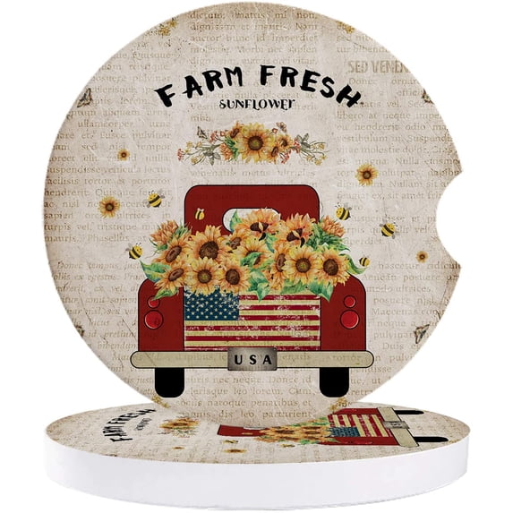 ZHANZZK Vintage Truck with Sunflowers Old Newspaper Set of 6 Car Coaster for Drinks, Absorbent Ceramic Stone Coasters Cup Mat with Cork Base for Home Kitchen Room Coffee Table Bar Decor