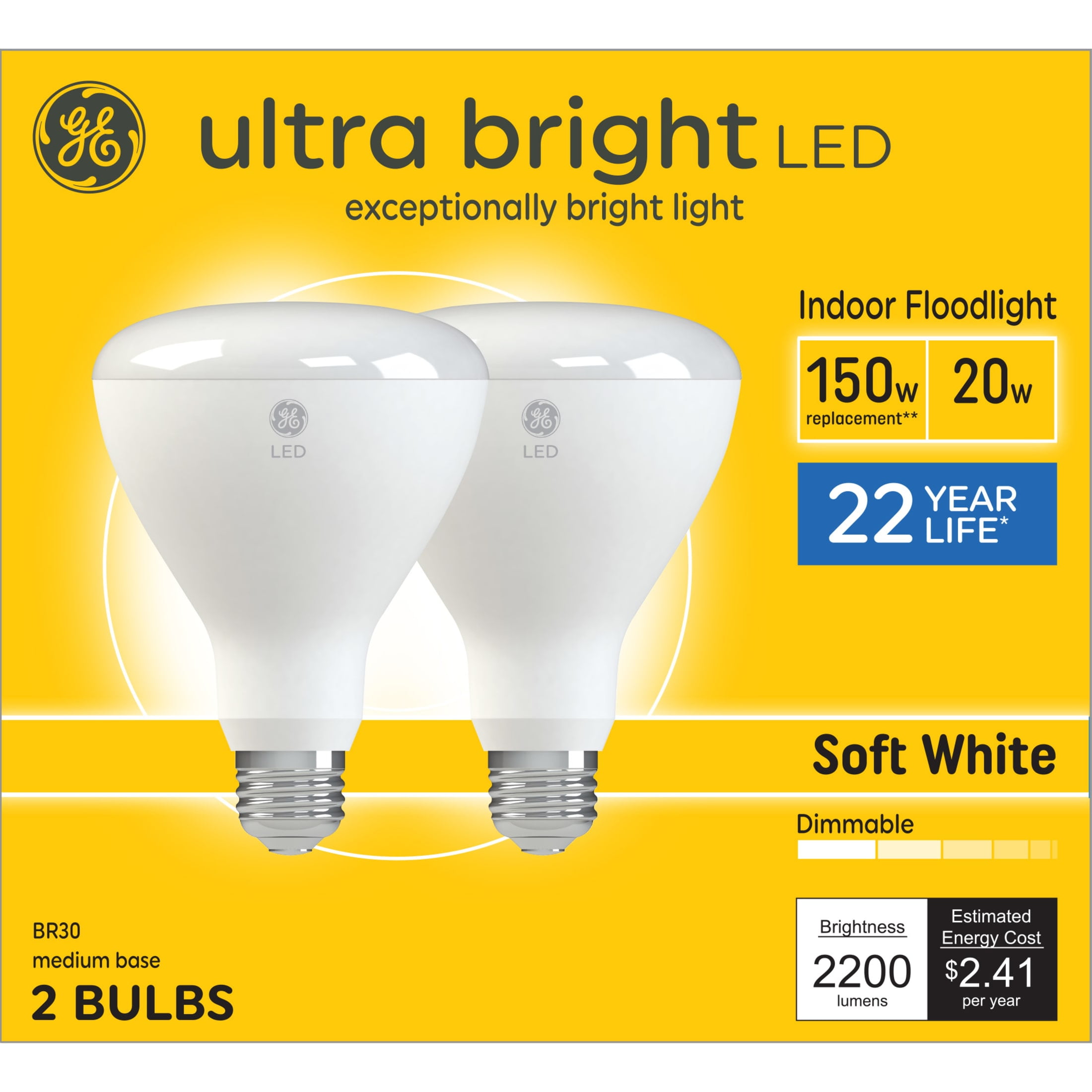(2 pack) GE Ultra Bright LED Light Bulbs, 150 Watt, Soft White, BR30 Indoor Floodlight, Medium Base, Frosted, 2pk