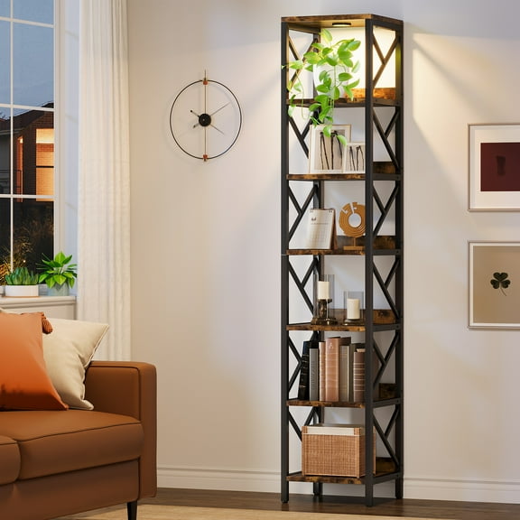 Condemo 78.7 Inch Extra Tall Narrow Bookshelf with LED Light, 7 Tier Skinny Bookcase for Small Space, Freestanding Display Corner Shelf, Modern Industrial Storage Organizer for Home Office, Brown