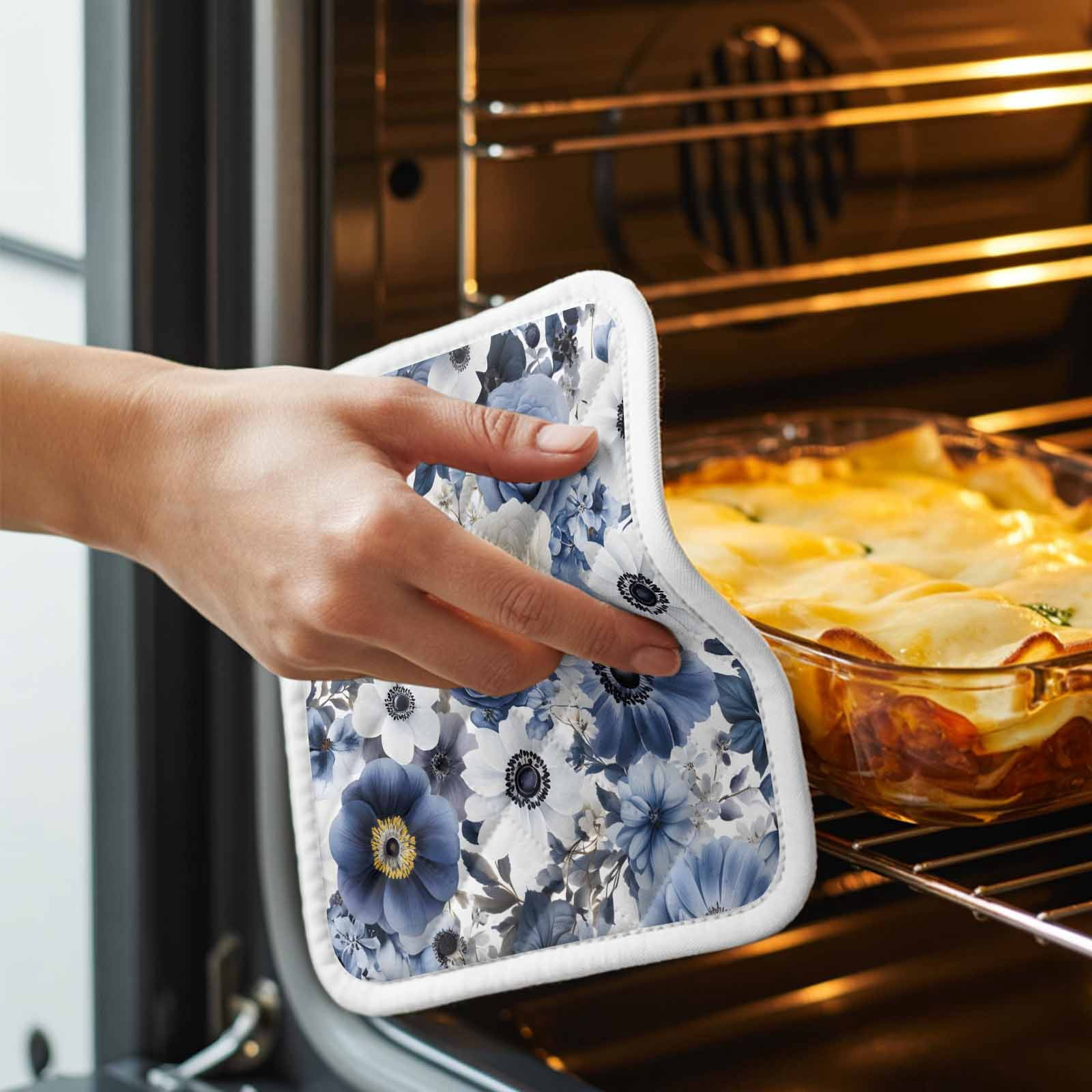 Blue Flower Pot Holders for Kitchen Heatproof Potholder, 5 Pack Vintage Ink Rose Floral Spring Botanical Hot Pads Multipurpose Oven Pads Cloth Potholders Trivet for Cooking Baking