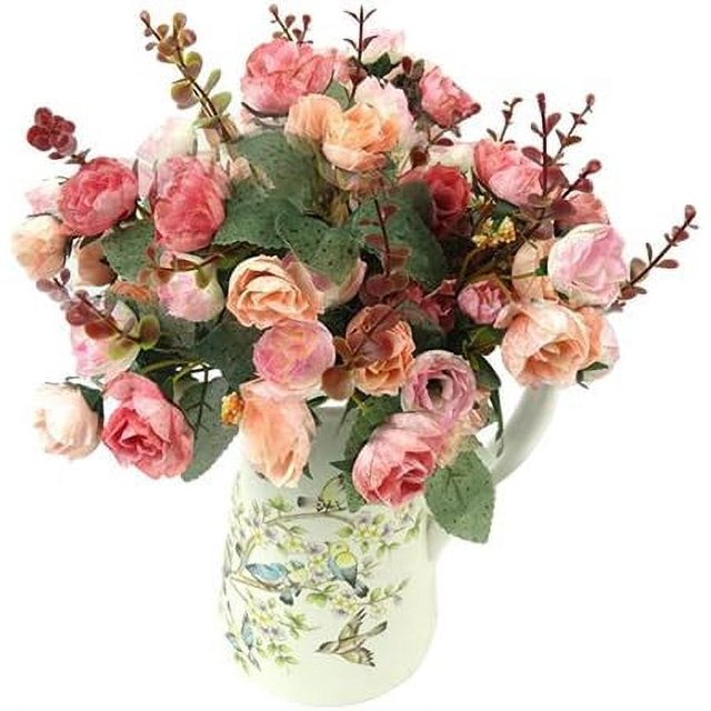 Xiao Hua Ramo de 21 cabezas de rosas artificiales de seda, hojas para decoración de hogar, jardín, interior y exterior, para bodas, fiestas, oficina y escritorio, color rosa