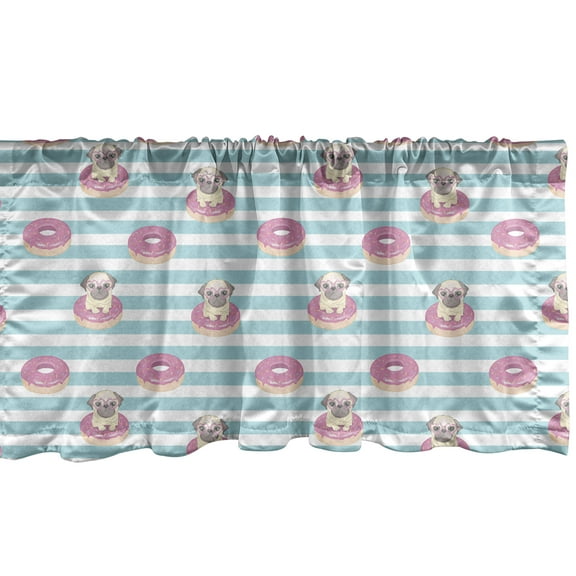 Dog Lover Window Valance, Pug Heart Glasses in Donuts Striped Backdrop, Curtain Valance for Kitchen Bedroom Decor with Rod Pocket, 54" X 12", Multicolor, by Ambesonne