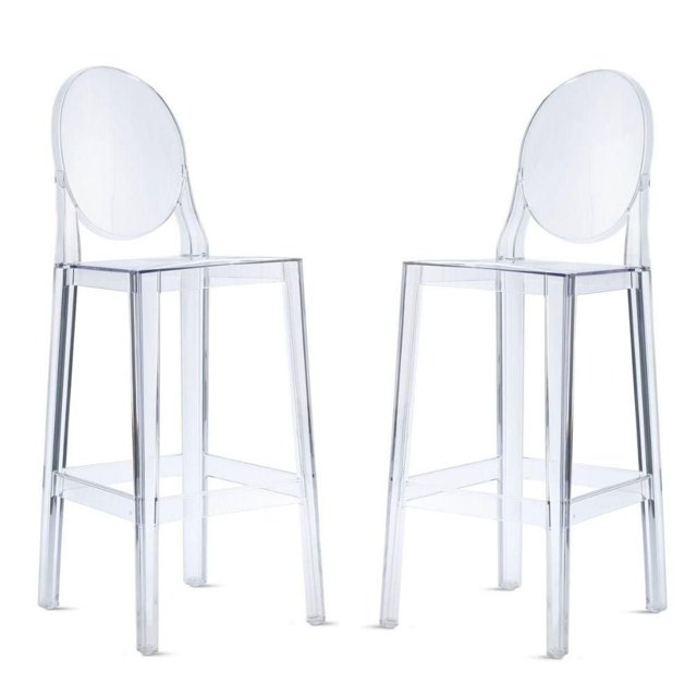 Plastic Transparent Clear Bar Stool, Bar Stool Pub Chair Kitchen Island Counter, with Backrest & Footrest Stool set 2