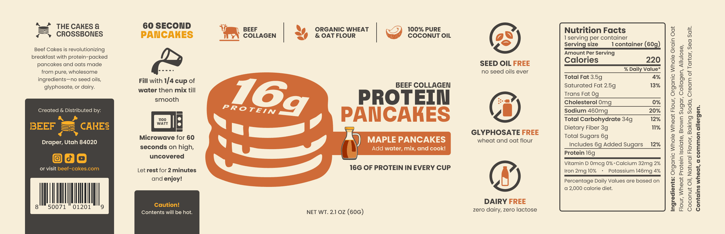 Beef Collagen Protein Pancakes, Maple Pancakes, Dry Mix, Dairy Free, 12-pack