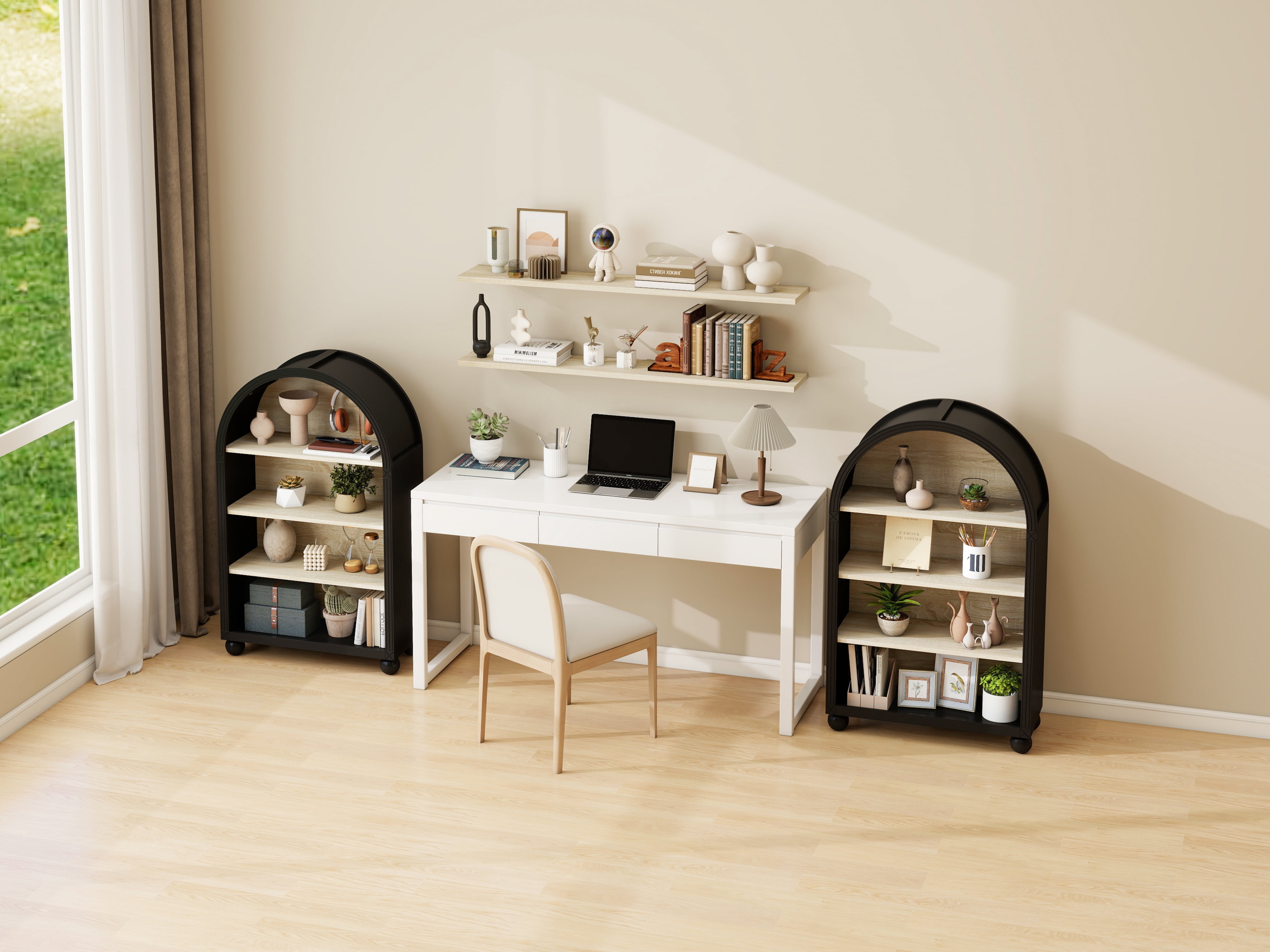 4-Tier Storage Cabinet with Carved Edges, MDF Bookcase with Black Metal Frame & Hand-Painted Finish, Freestanding Display Shelf for Living Room, Study, or Office (70.5X30X116 cm)