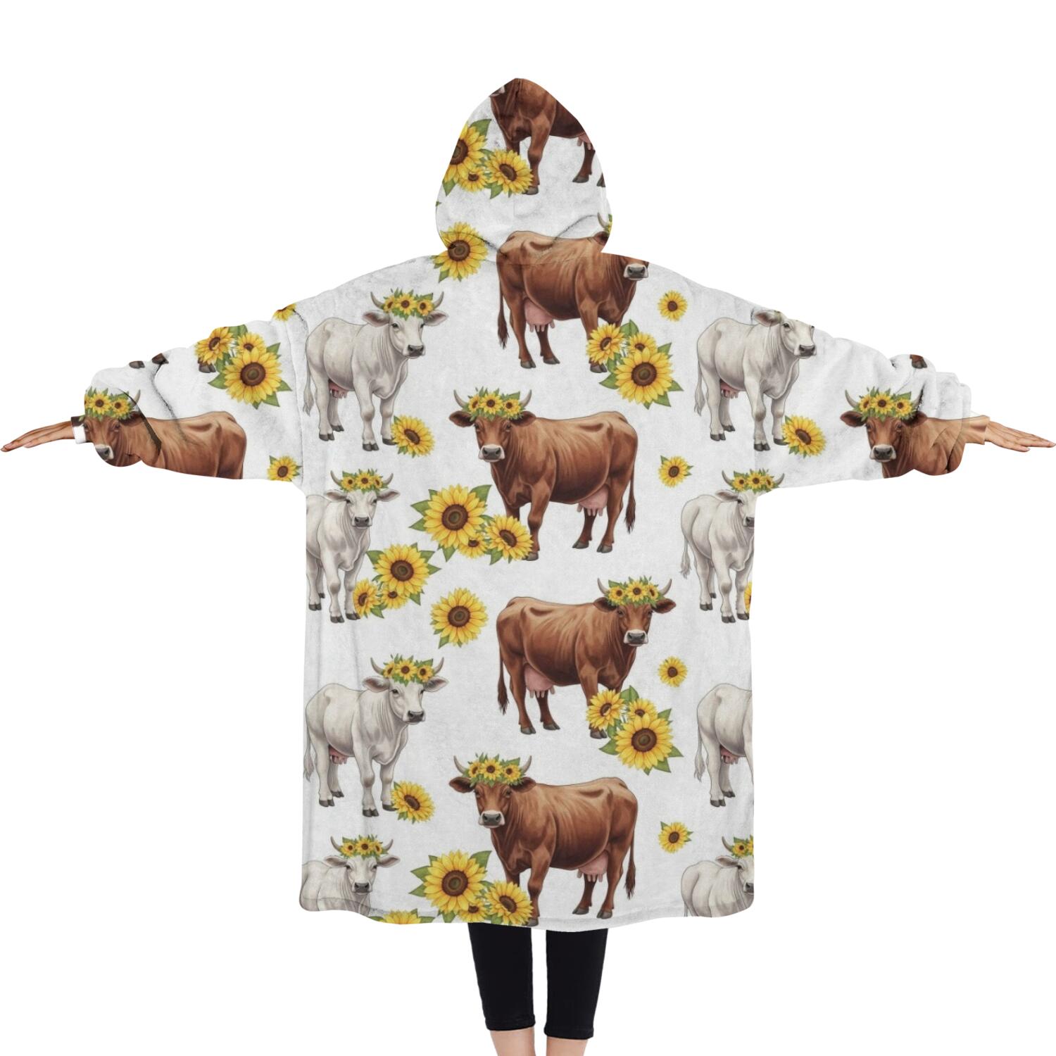 Oversized Wearable Blanket Hoodie,Highland Cow Sunflower Cow Pattern Sherpa Blanket Hoodie with Super Pockets,Super Warm Fuzzy Pullover for Women & Men