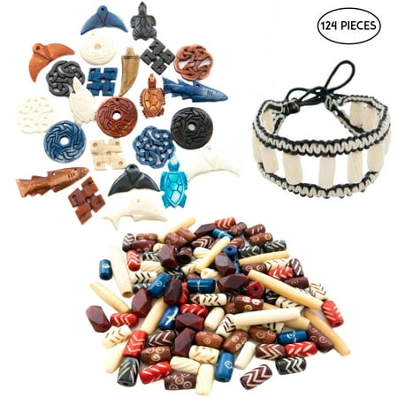 Leather Jewelry Making 124 Pcs Bone Beads and Pendants for Jewelry Making with Free Leather Bracelet - Ox Bone Hand Carved Craft Bulk Mix Bead Kit ()