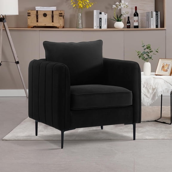 Dtwnek Mid-Century Modern Accent Chair with 1 Pillow and Metal Legs, Comfy Velvet Armchair for Bedroom, Office, Reading Room, Black