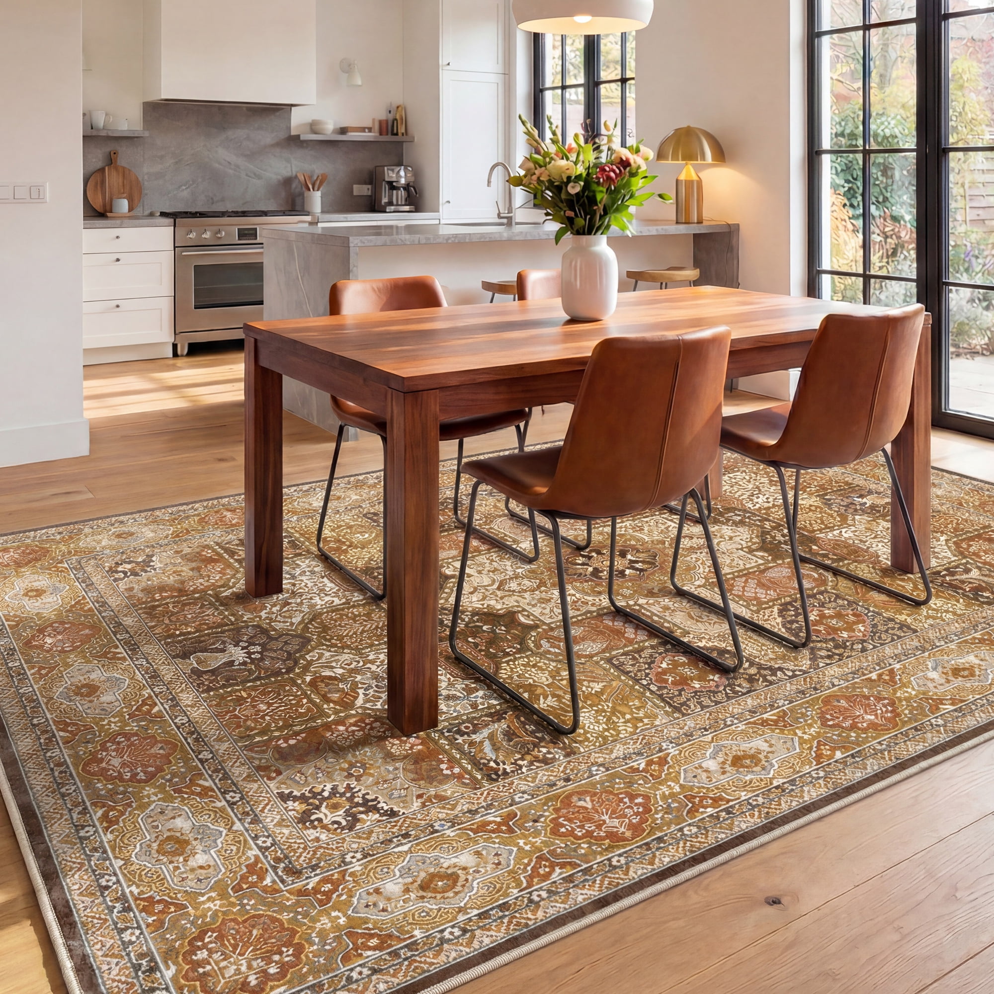Lalado 8ft x 10ft Area Rugs for Living Room Washable Rugs Boho Floral Carpet Soft Low Pile Non-Slip Rug for Bedroom Dining Room Indoor Vintage Home Decor, Brown
