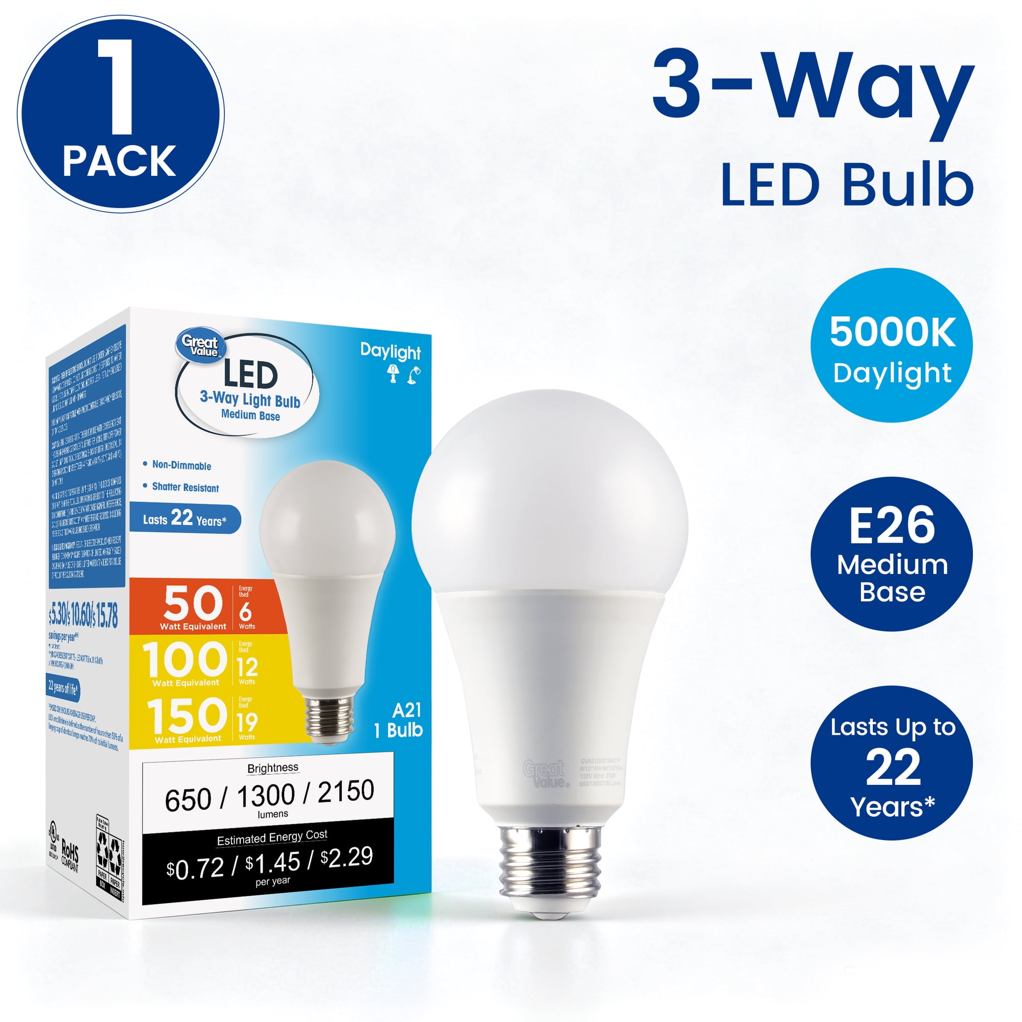 Great Value A21 LED 3-Way Light Bulb, 5000K Daylight, E26 Medium Base, 1 Pack