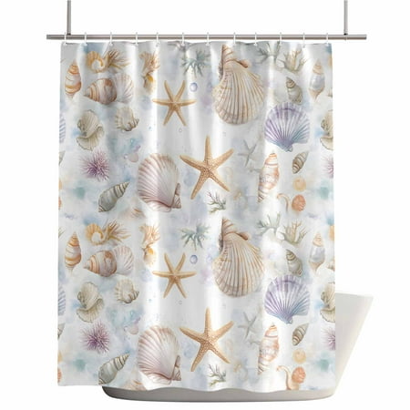 Shower Curtains for Bathroom-66"x72",Beach Ocean Starfish Shells Waterproof Bath Curtain Grommet Shower Curtain Set with Hooks,Summer Watercolor Coastal Theme Washable Bath Accessories
