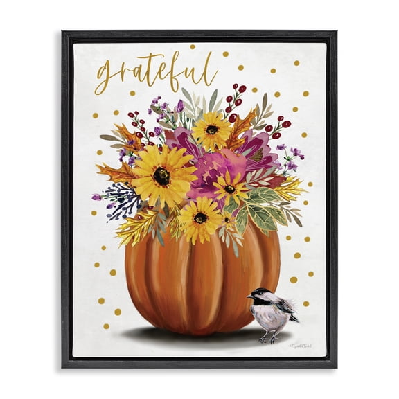 Stupell Industries Grateful Pumpkin Bouquet Quotes and Sayings Painting Black Floater Framed Canvas Art Print Wall Art, 17 x 21