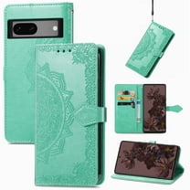 SaniMore for Google Pixel 7A 6.1" 2023 Wallet Case with Embossed Mandala PU Leather Flip Protection Wrist Strap Credit Card Holder Pocket Kickstand Shockproof Case, Green