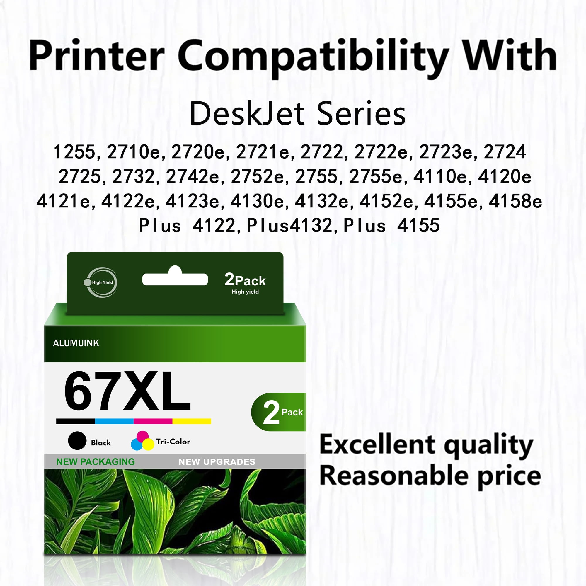 67XL Ink Cartridges Tri-Color Black Combo 2 Pack Compatible for HP
