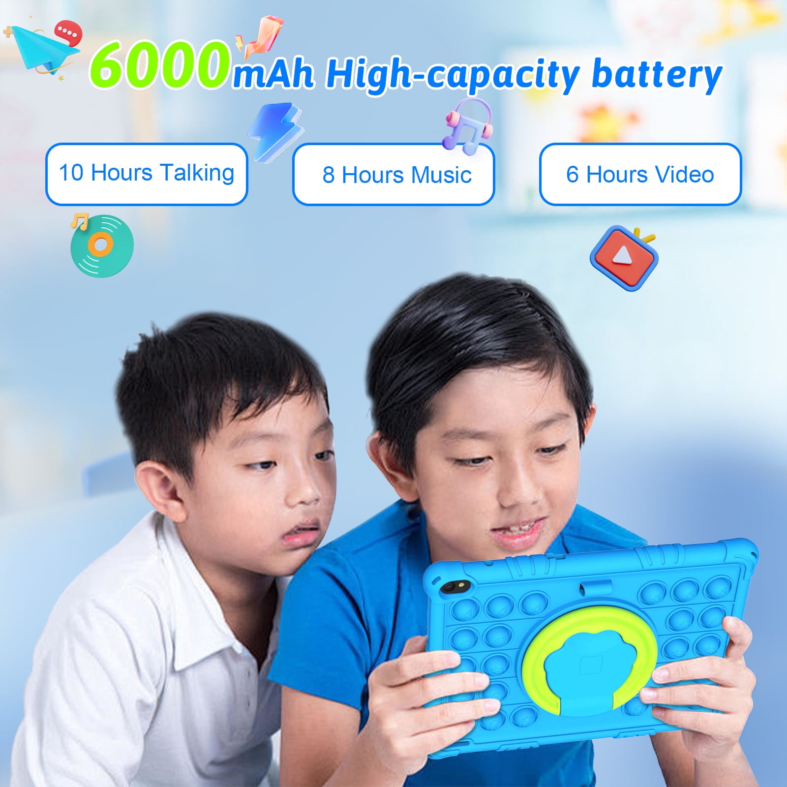 Android 15 Kids Tablet 10 inch Tablet for Kids, Toddler Tablets with Shockproof Case, 6GB RAM 32GB ROM 1TB Expand, Parental Controls, Kids Space, Child Learning, WiFi, 6000mAh, Dual Camera, Blue