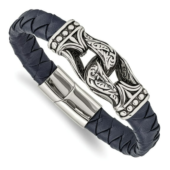 Primal Steel Stainless Steel Antiqued and Polished Blue Leather 8.75 Inch Bracelet