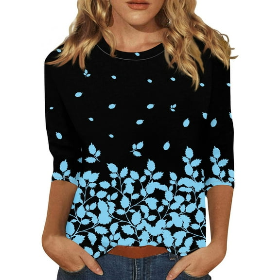 3/4 Length Sleeve Womens Tops Round Neck Casual Tunic Tops Basic Pleated Shirts Loose Fit 2024