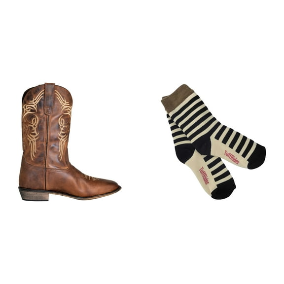 TuffRider Men's Lamar Wide Square Toe Western Boot- Brown- 10 With Free Assorted Striped Socks