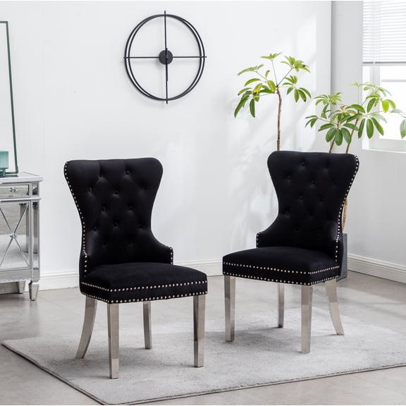 LiviNest Velvet Dining Chairs Set of 2: Contemporary Tufted Design with Nailhead Trim & Stainless Steel Legs - Solid Wood Frame for Airbnb Hosts & Small Space Dining Room Seating