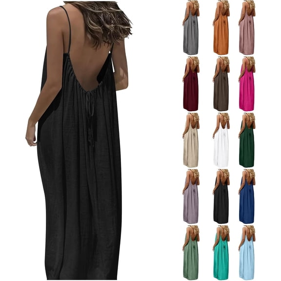 Backless Cami Dresses for Women Cami Lounge Dress Sleeveless House Dress Long Sundress with Back Tie Black S