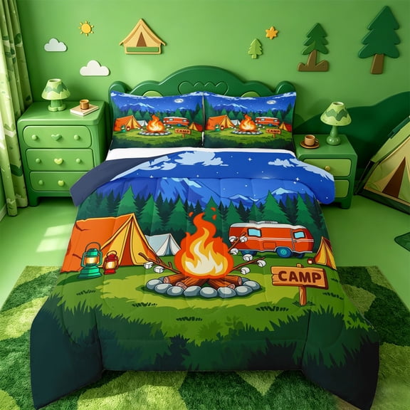 Catabedysis Night Camping Full Size Comforter Sets,Campfire Camper Print Bedding Comforter Set For Boys,Multicolor,Navy Blue Reversible,3pcs,1 Comforter and 2 Pillowcases
