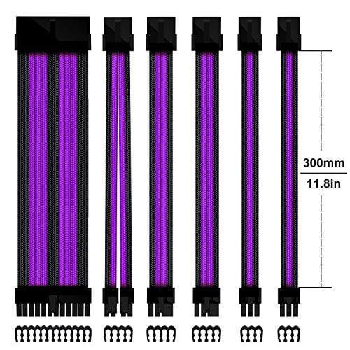 EZDIY-FAB PSU Cable Extension kit Sleeved Cable Custom Power Supply Sleeved Extension 16 AWG 24-PIN 8-PIN 6-PIN 4+4-PIN with Combs- Black/Purple
