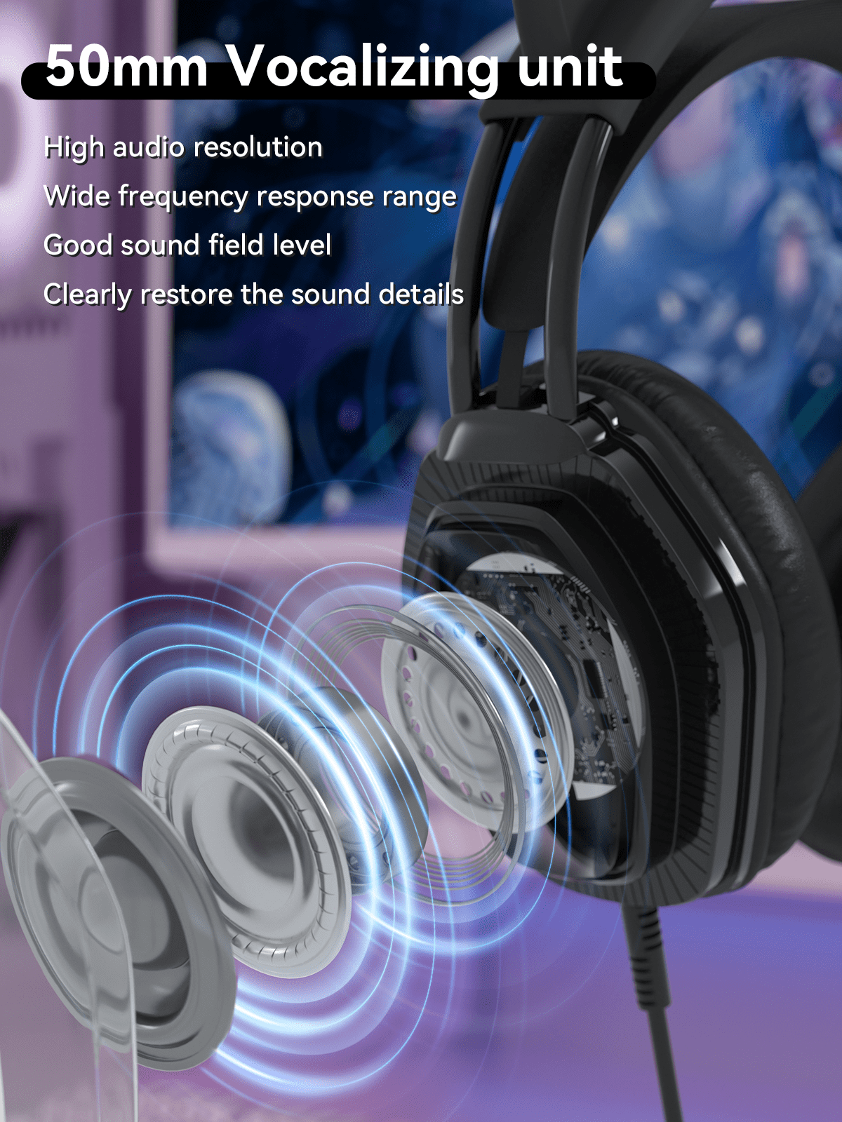 Wantek V10 Cat Ear Style Gaming Headset with comfortable fit and vibrant RGB lighting, Hi-Fi Sound - Black