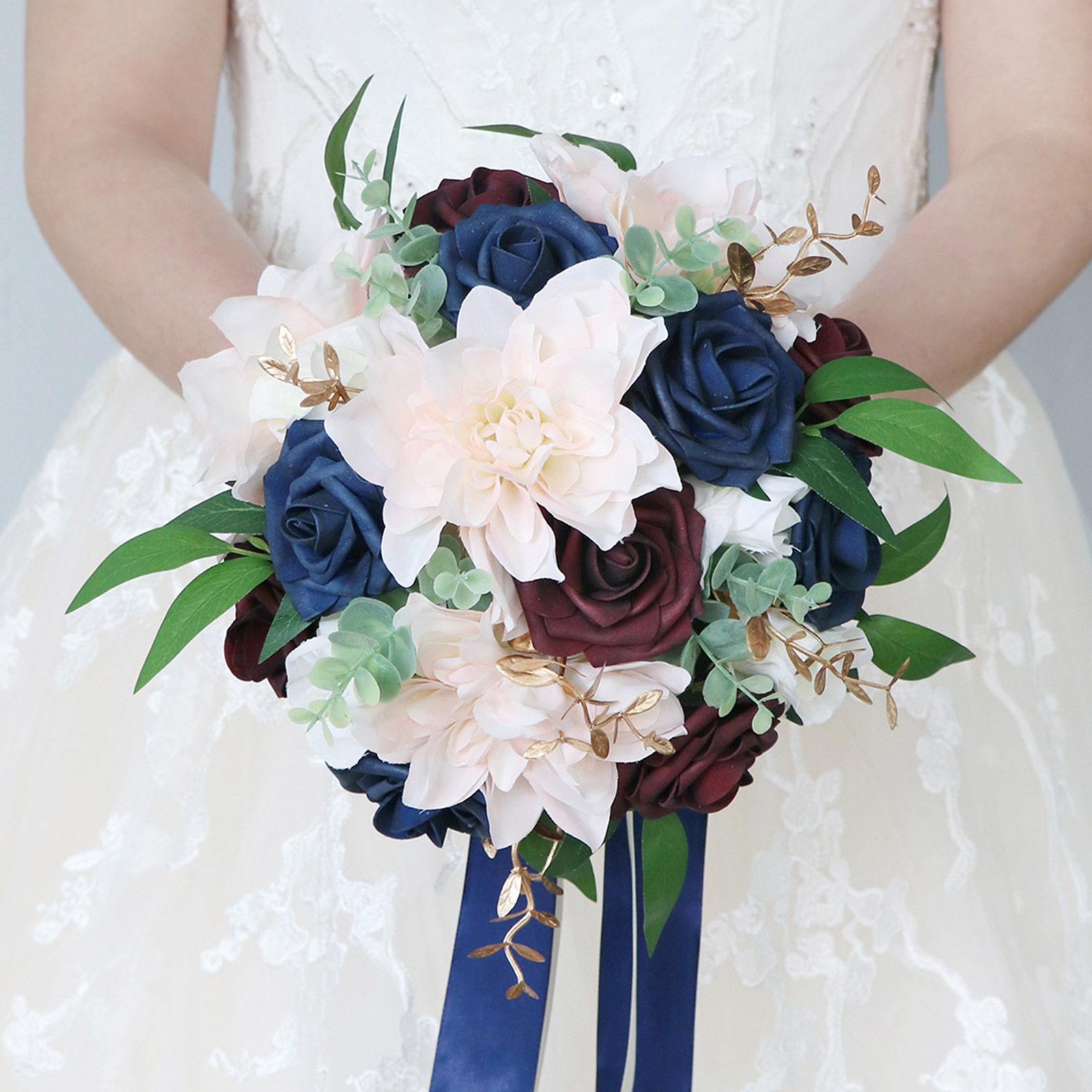 HIABIO Burgundy & Blue Artificial Wedding Bridal Bouquet Blooming