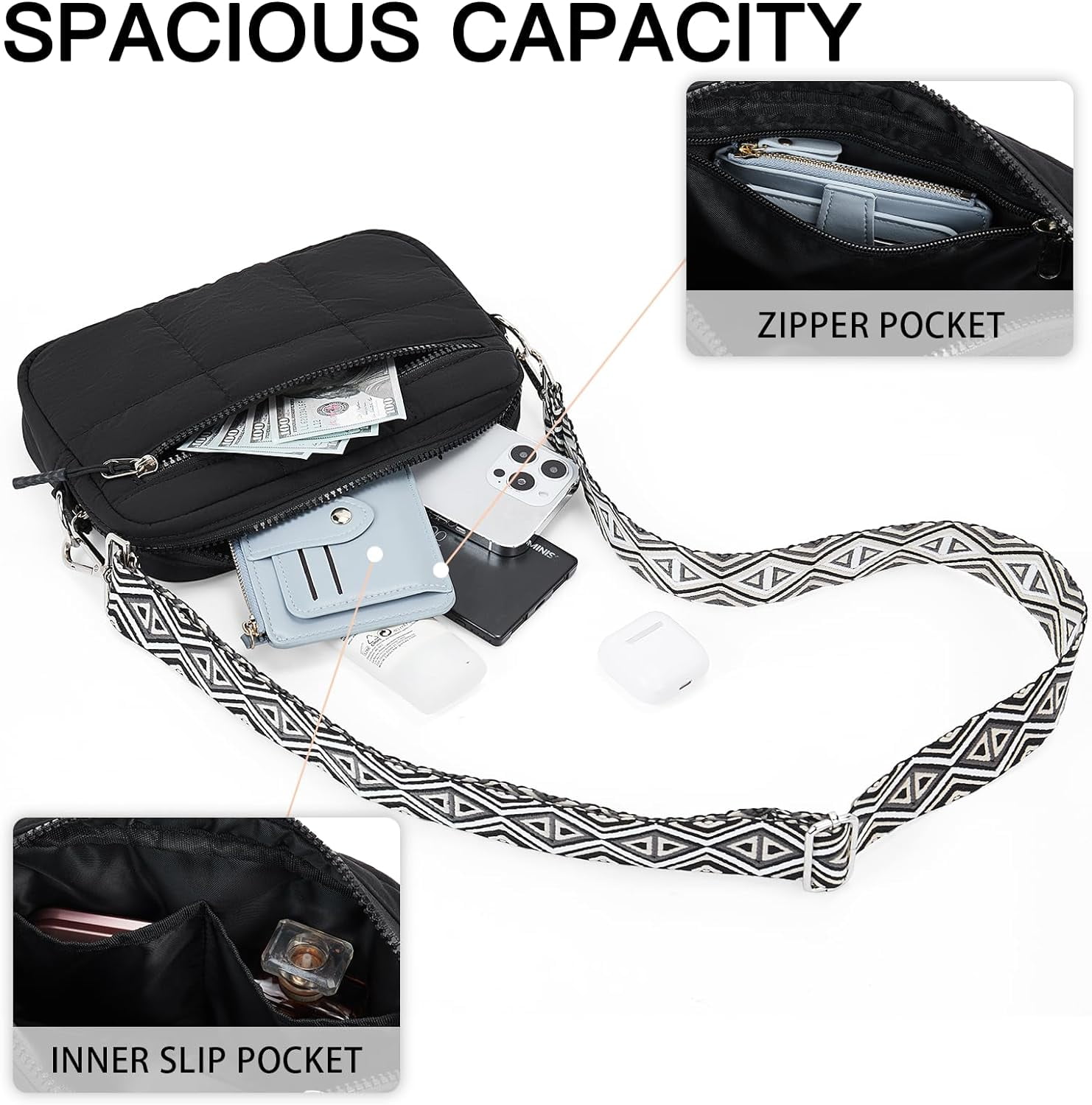 Crossbody Bags for Women Crossbody Purse with Guitar Strap Lightweight Puffer Shoulder Bag for Travel