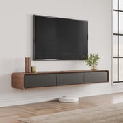 POVISON 63" Minimalist Floating TV Stand for up to 50",Fully Assembled Modern Wall-Mounted Media Console with 3 Flip-Down Cabinet Doors,Walnut & Black