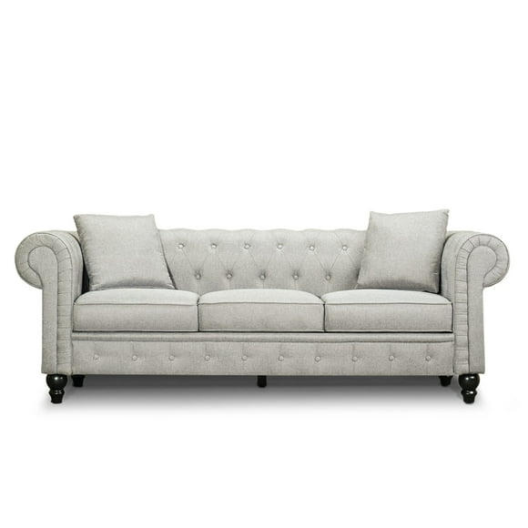 Valencia Cerna Fabric Chesterfield Three Seats Sofa | Artisinal Woven Swiss Linen-Blend, Kiln-Dried Wood, Ultimate Comfort, Cloudy Grey