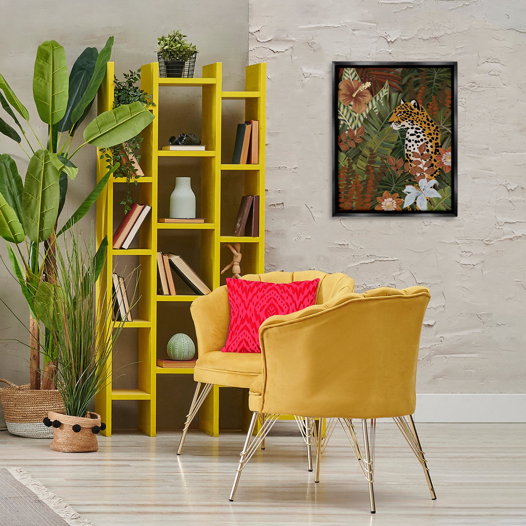Stupell Industries Hibiscus Jungle Leopard Animals Painting Black Floater Framed Canvas Art Print Wall Art, 17 x 21