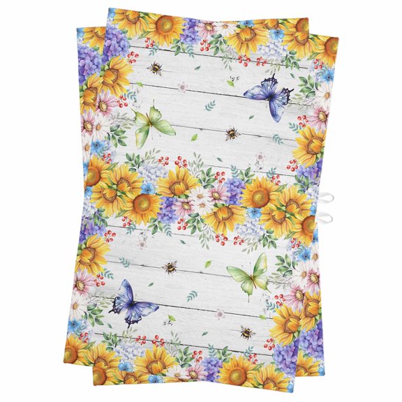 Spring Flowers Kitchen Towels Set of 2, Water Absorbent Dish Towel, Watercolor Sunflowers Daisy Butterflies Wood Decorative Hand Towels - Quick Drying Cloth for Cooking Baking, 18x28 Inch