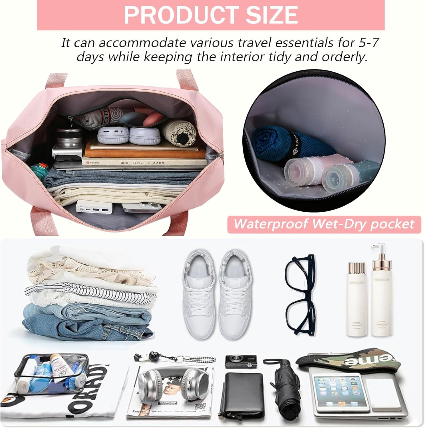 Travel Bag,Folding Expandable Suitcase with Wheels, Weekender Travel Bag for Carry-On, Tote Bag with Storage Space，Large luggage bag for Business Trips, Camping, Short Trips, Fitness