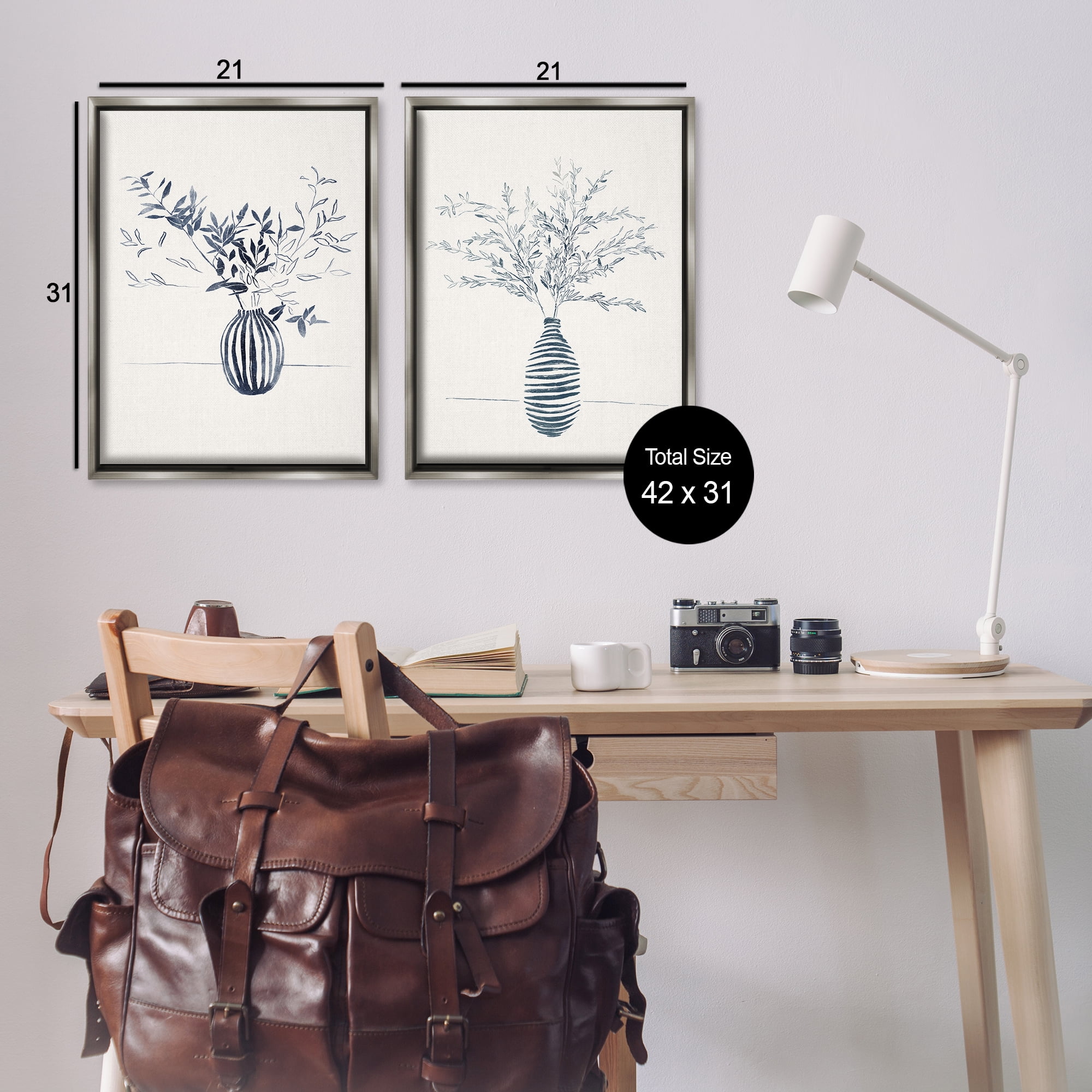 Stupell Industries Striped Floral Table Vase Plants & Flowers Drawing Gray Floater Framed Canvas Art Print Wall Art, 21 x 31, Set of 2