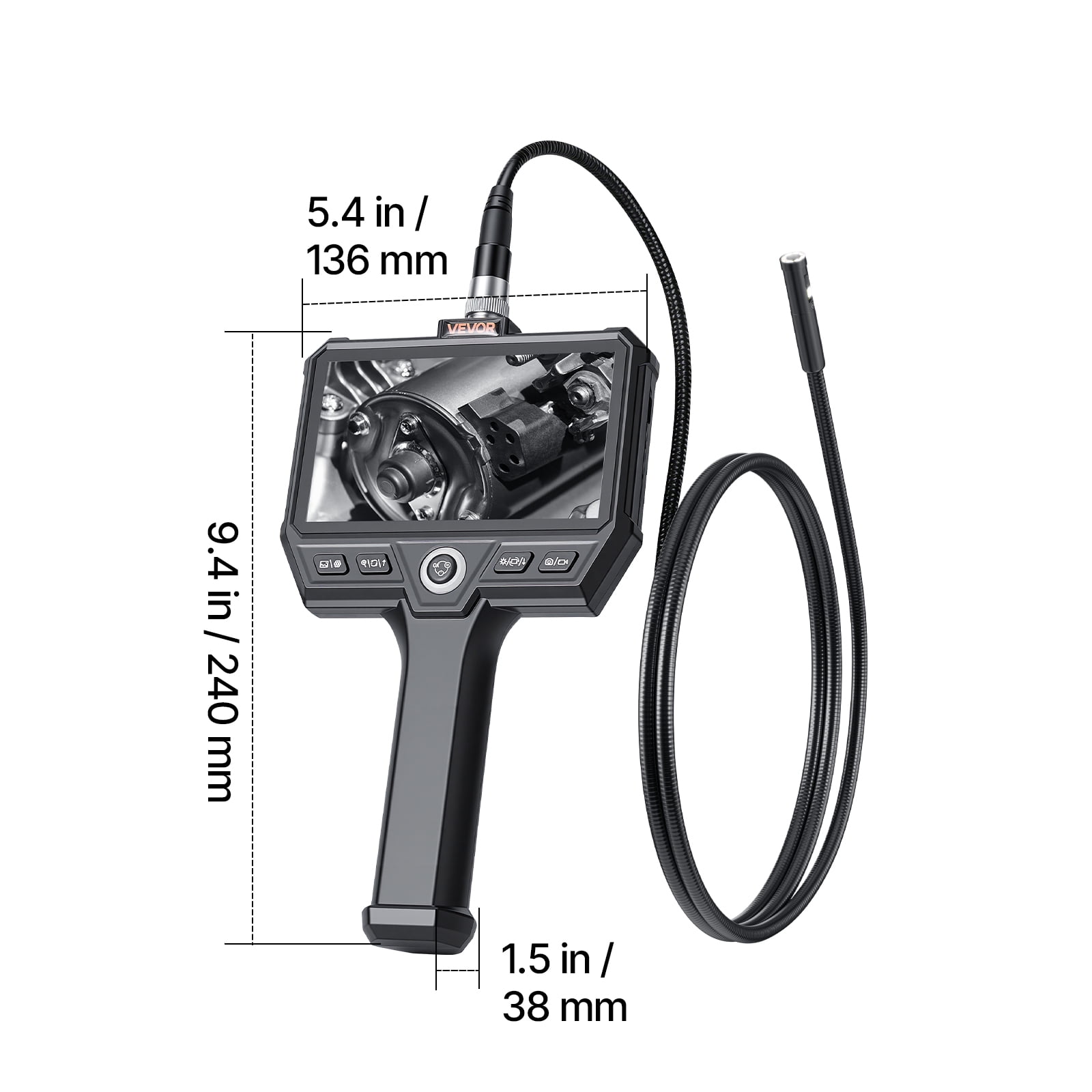 VEVOR Triple Lens Endoscope with Light, 5" HD IPS Screen Industrial Borescope Camera, 8 + 2 LED Lights, 8X Zoom, 5000mAh, IP67 Waterproof Inspection Snake Camera for Automotive, Plumbing(4.9FT Cable)